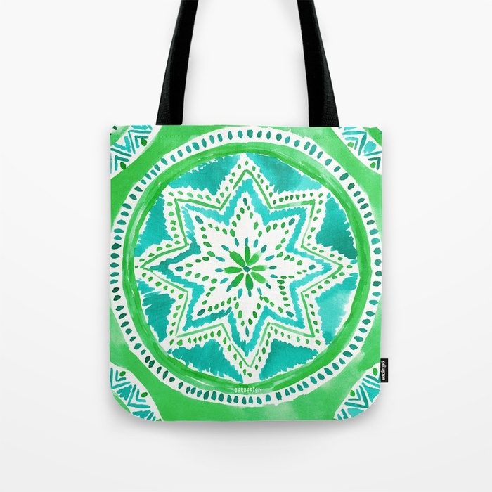 MIGHTY MEDALLION Green Boho Mandala Tote by Barbarian