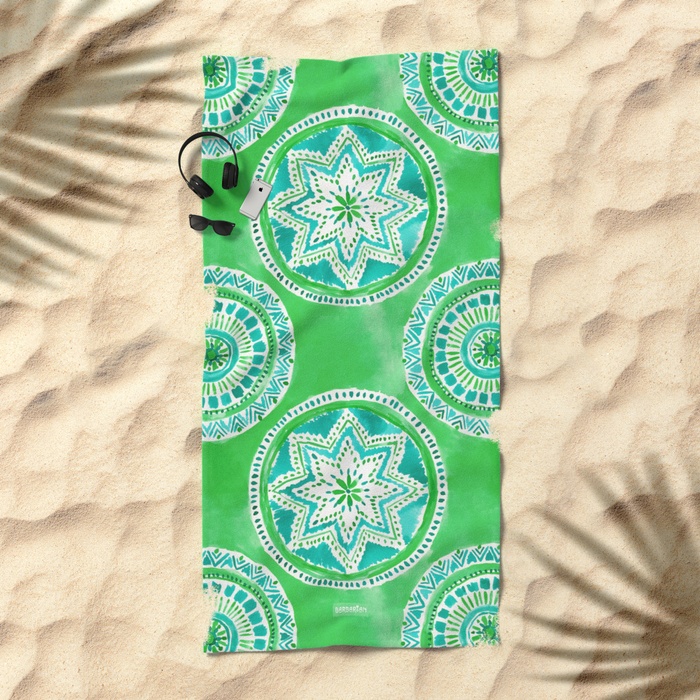 MIGHTY MEDALLION Green Boho Mandala Beach Towel by Barbarian