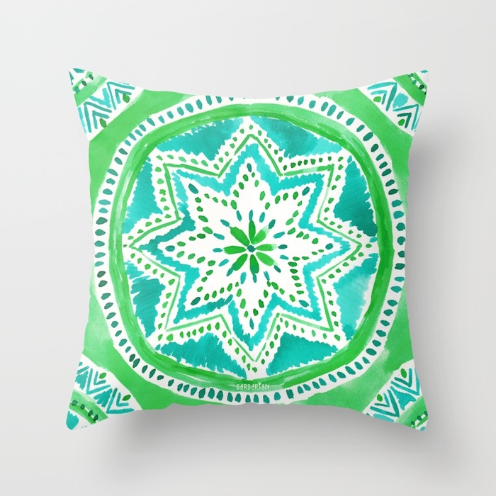 MIGHTY MEDALLION Green Boho Mandala Throw Pillow by Barbarian