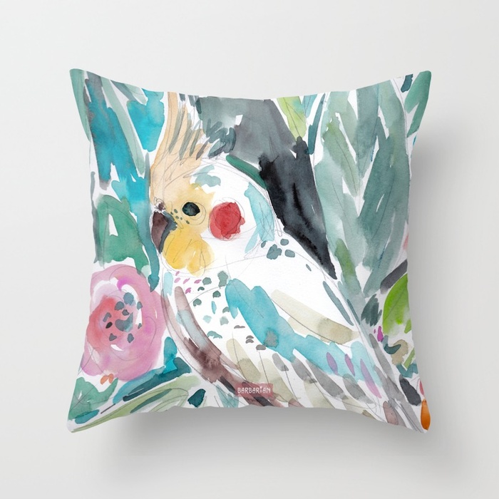 Parasol the Cockatiel Throw Pillow by Barbarian