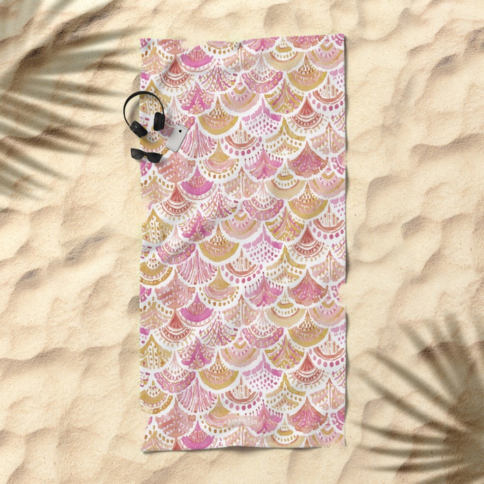 Sunset MERMAID DAYDREAMS Watercolor Scales Beach Towel by Barbarian