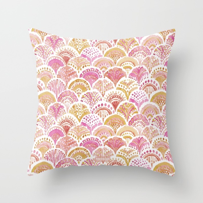 Sunset MERMAID DAYDREAMS Watercolor Scales Throw Pillow by Barbarian