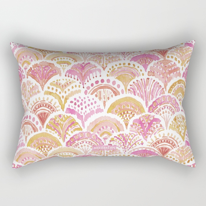 Sunset MERMAID DAYDREAMS Watercolor Scales Lumbar Pillow by Barbarian