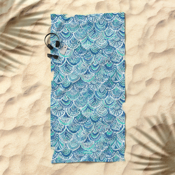 SPLASH Blue Watercolor Mermaid Scales Beach Towel