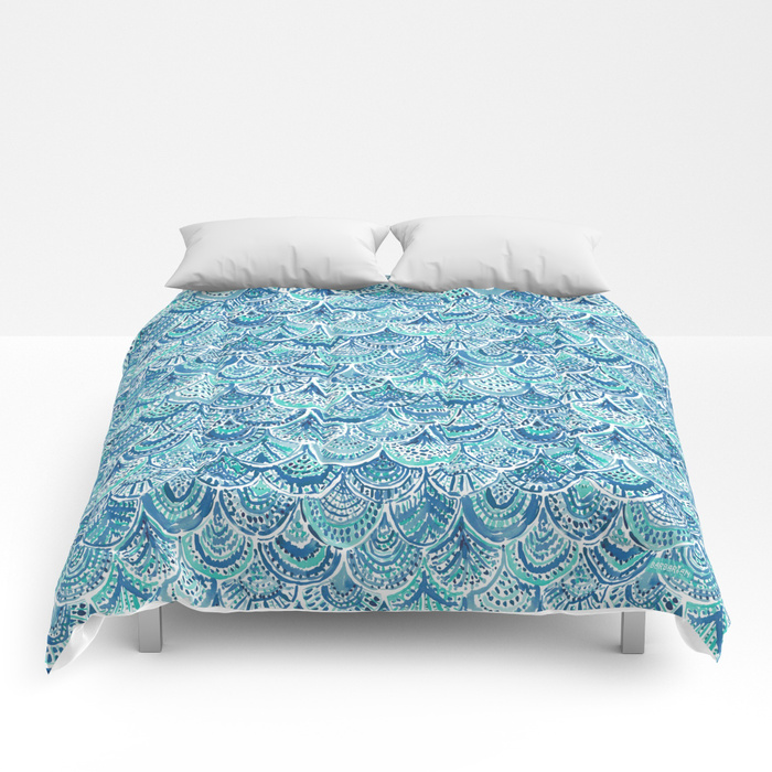 SPLASH Blue Watercolor Mermaid Scales Comforter