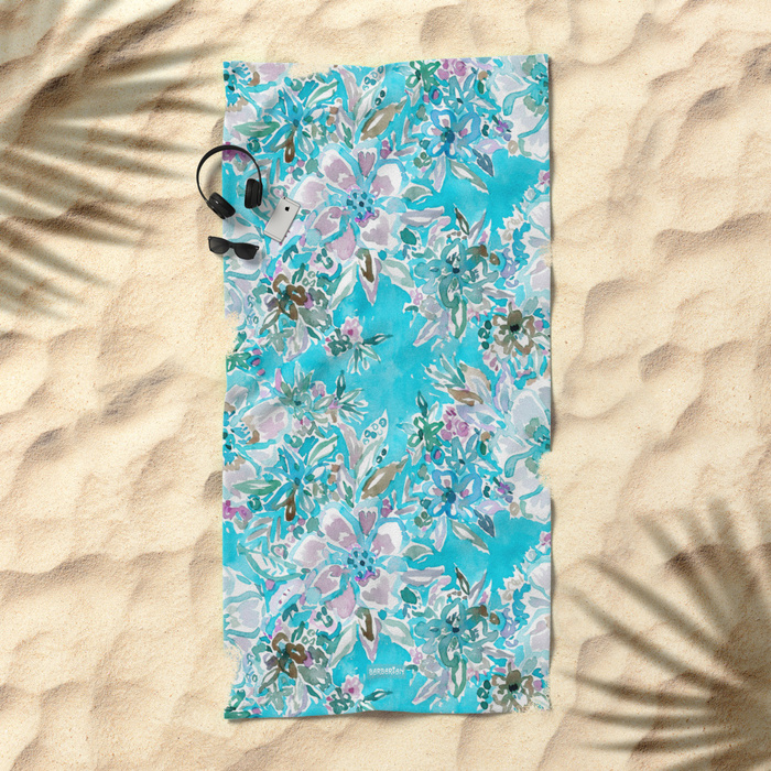BEACH BABE Aqua Watercolor Floral Beach Towel