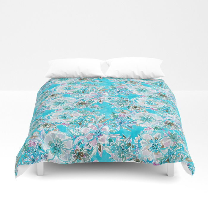 BEACH BABE Aqua Watercolor Floral Duvet Cover