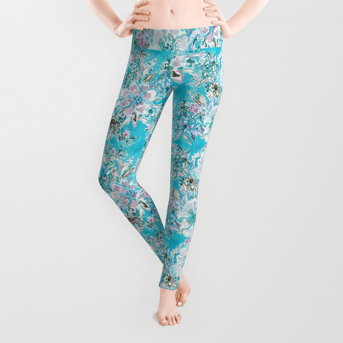 BEACH BABE Aqua Watercolor Floral Leggings