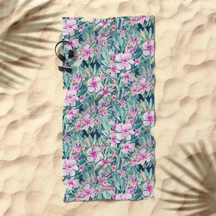 LUSH OLEANDER Tropical Watercolor Floral Beach Towel