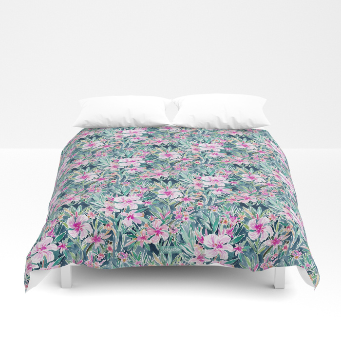 LUSH OLEANDER Tropical Watercolor Floral Duvet Cover