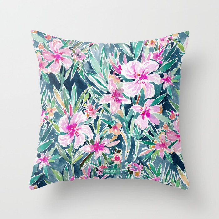 LUSH OLEANDER Tropical Watercolor Floral Throw Pillow
