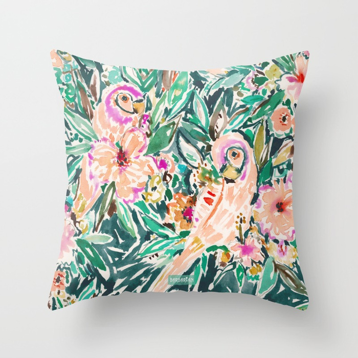 PRETTY BIRD Floral Parrot Watercolor Throw Pillow