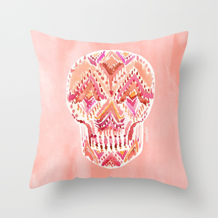 SO LIT SKULL Peach Tribal Watercolor Throw Pillows
