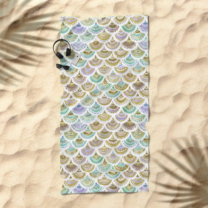 GOLDEN MERMACITA Watercolor Mermaid Scales Beach Towel