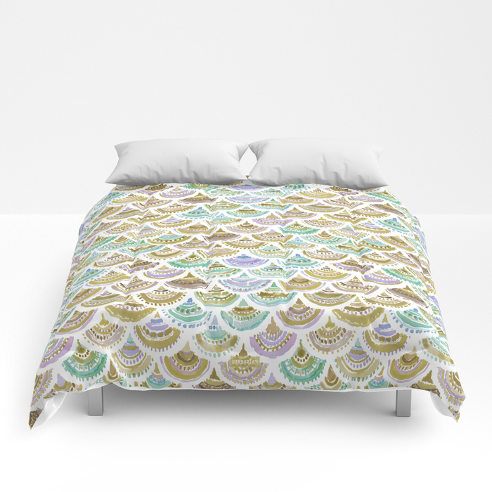GOLDEN MERMACITA Watercolor Mermaid Scales Bedding