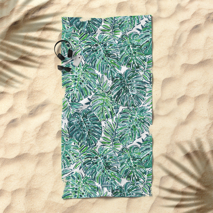 JUNGLE VIBES Green Tropical Monstera Leaves Beach Towel