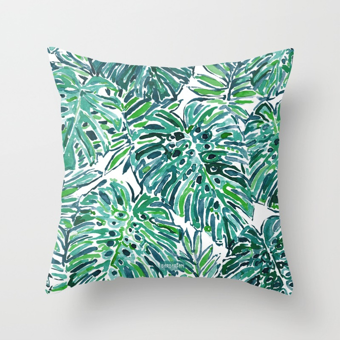 JUNGLE VIBES Green Tropical Monstera Leaves Throw Pillow