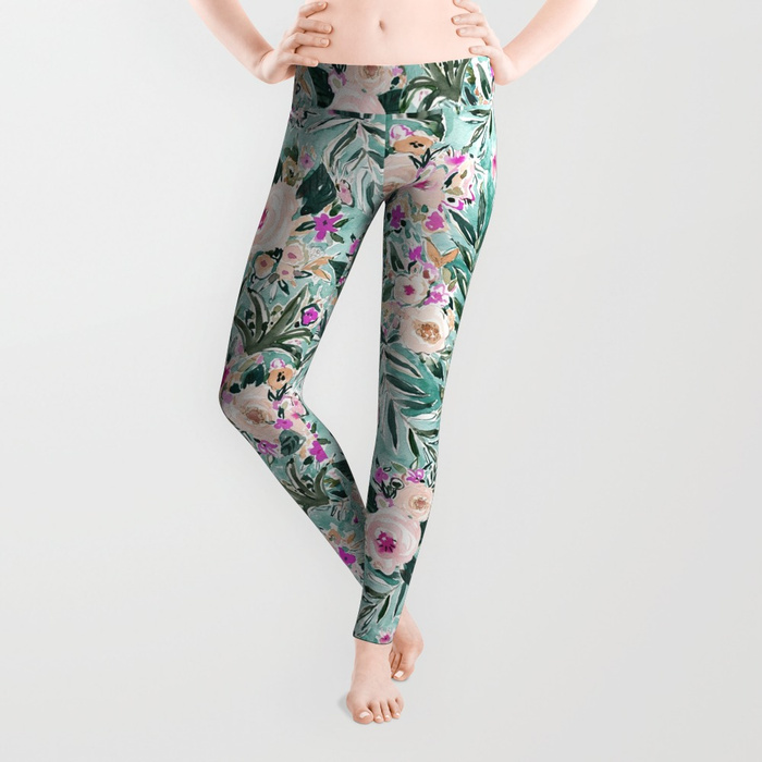 JUNGLE ROMANCE Aqua Tropical Floral  Leggings