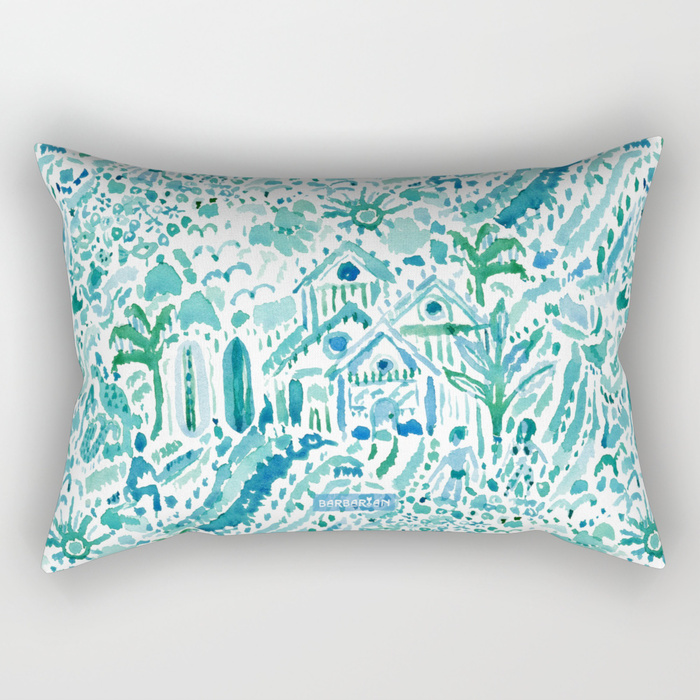 IDEAL BEACH HOUSE Aqua Watercolor Print Lumbar Pillow