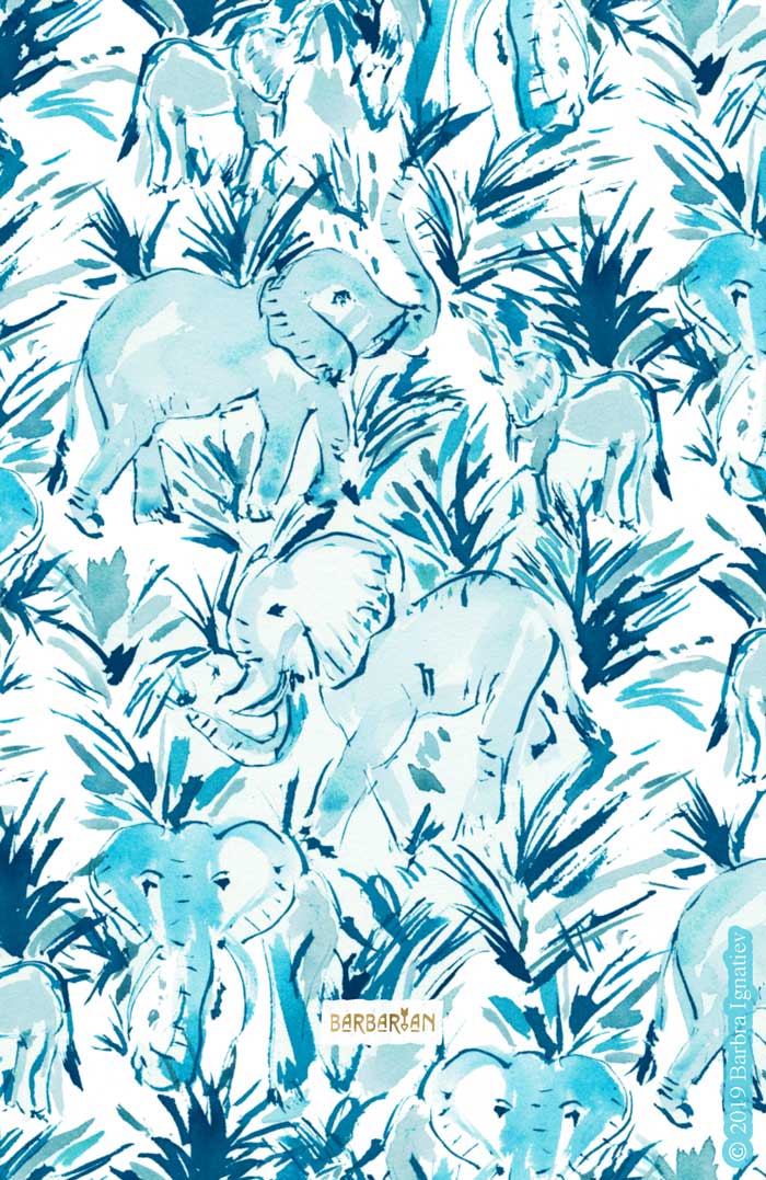 ELEPHANT STOMP Indigo Blue Print